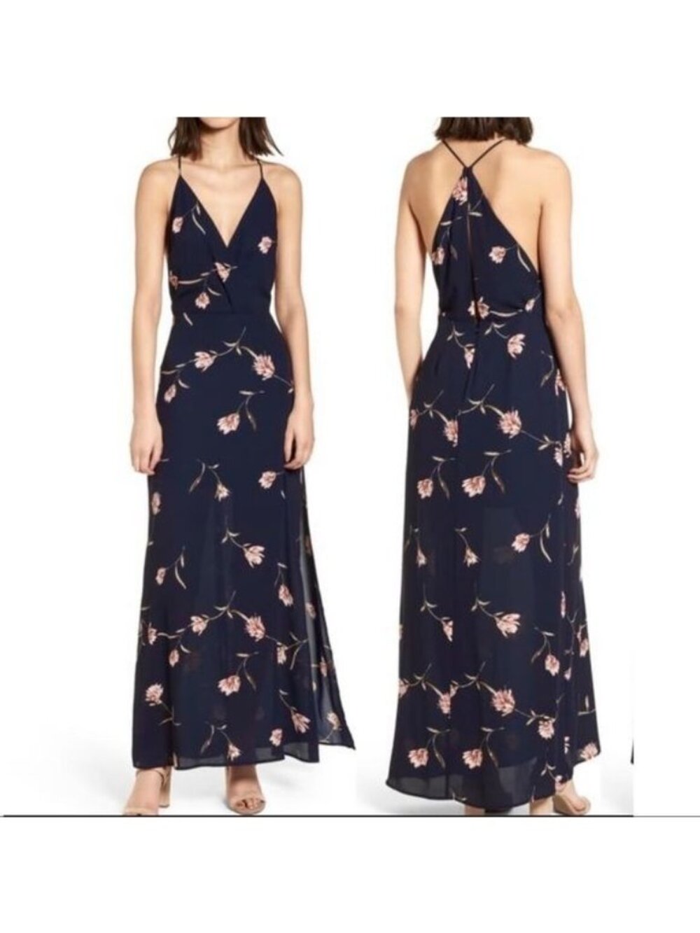 LUSH Navy Blue Floral Surplice Maxi Dress Side Slit Open Back V Neck XXL